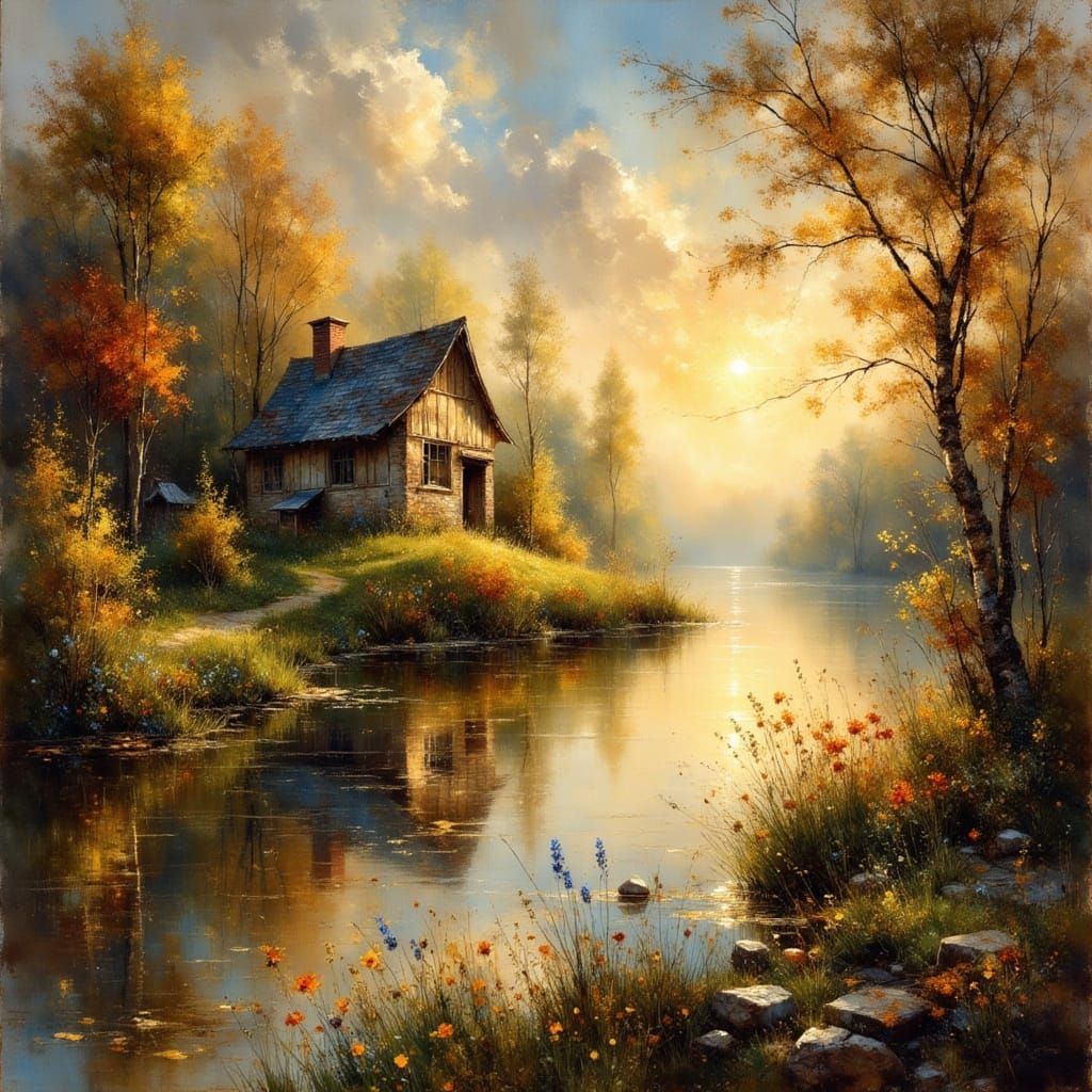 Spring Lakeside Village Ruin in Golden Hour Light