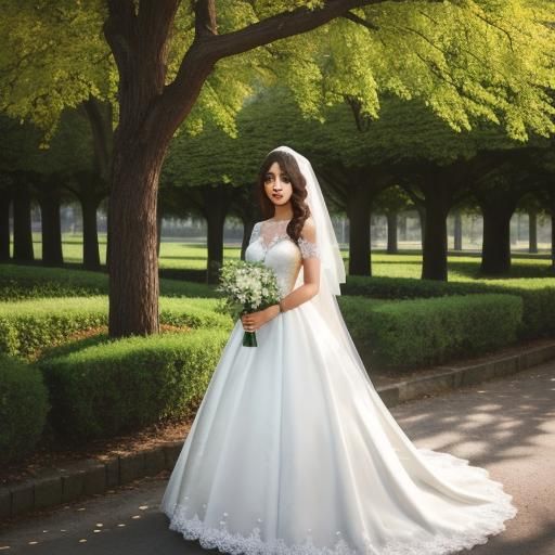 Elegant Woman in Wedding Dress Beside a Tree