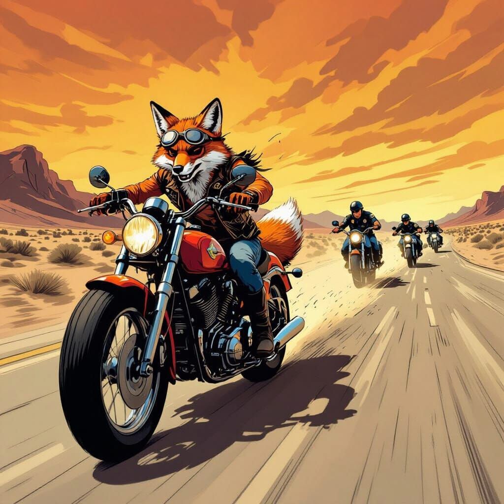 Outlaw Fox Speeds on Motorcycle in Desert Chase Comic Style