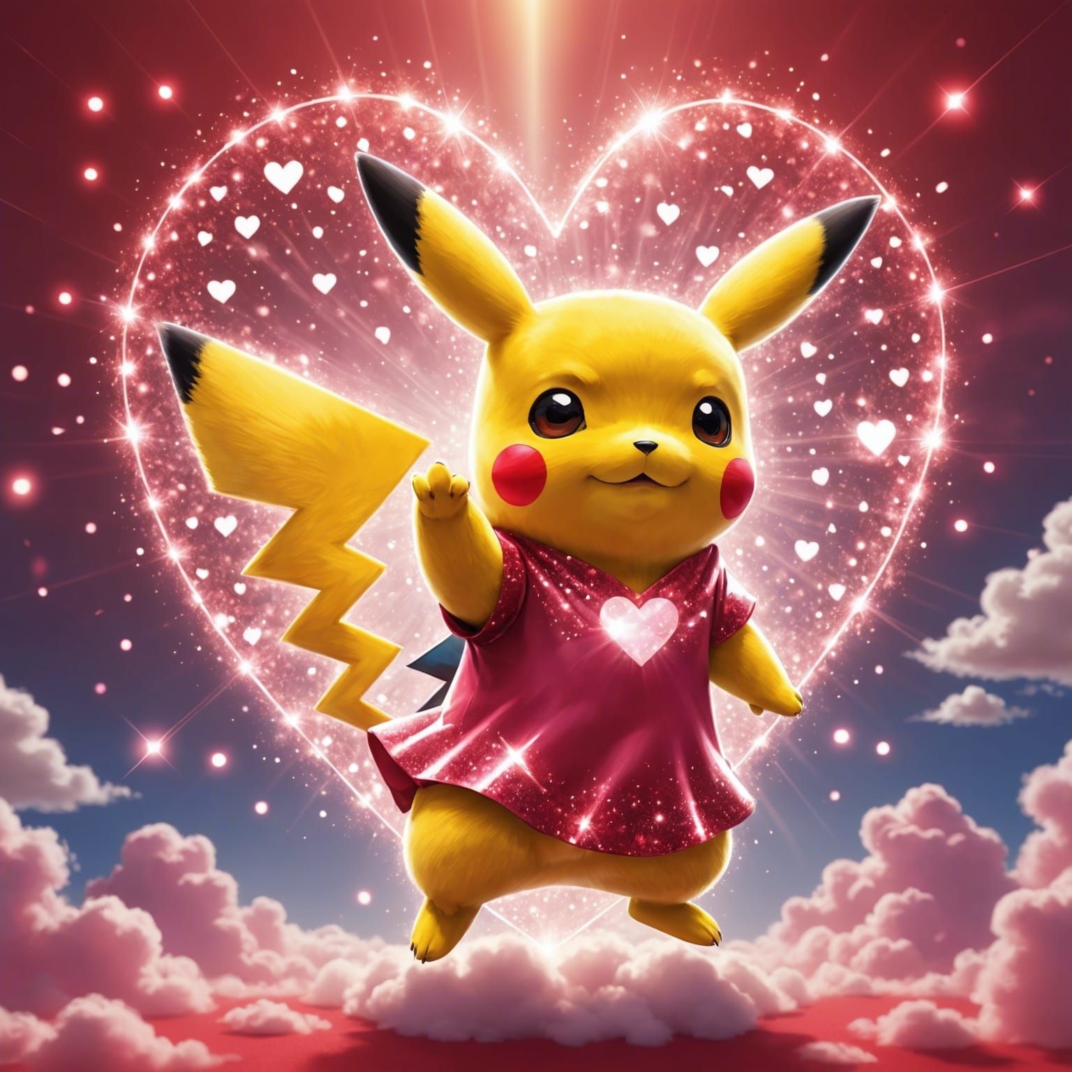 Pikachu in Red Dress with Heart Background