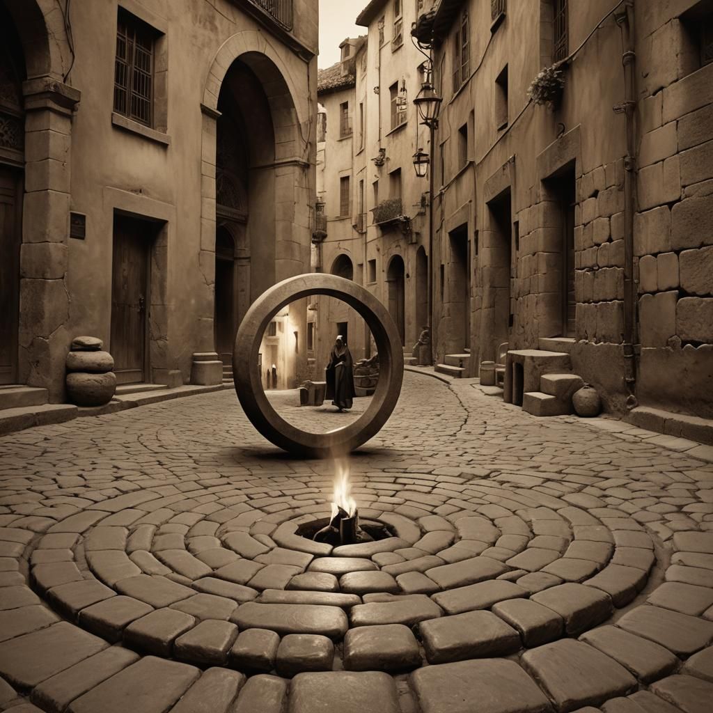 Stone Circle Rising in Ancient Town, Sepia-Toned