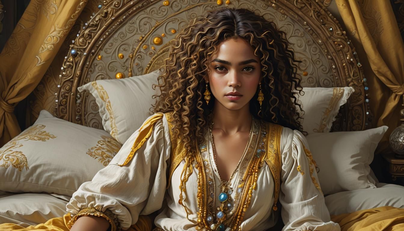 Woman with Curly Hair and Precious Stones