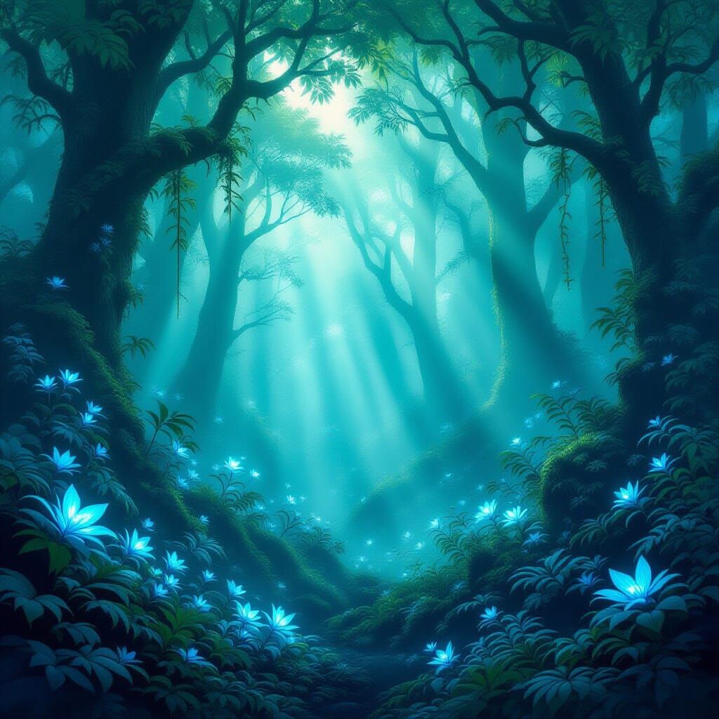 Ethereal Forest in Pale Green and Electric Blue Hues