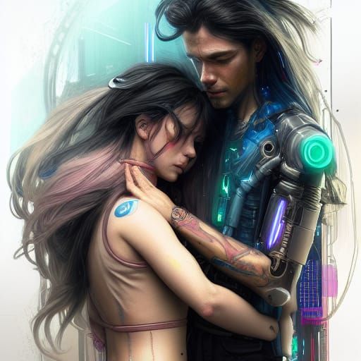 Cyberpunk Girl Hugging Cyborg in Rainy Cityscape