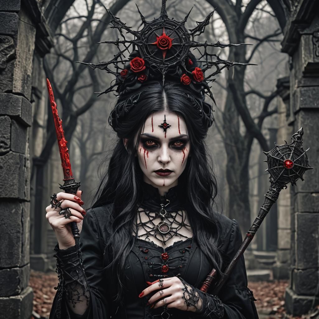 Goth Blood Witch with Wand in HDR