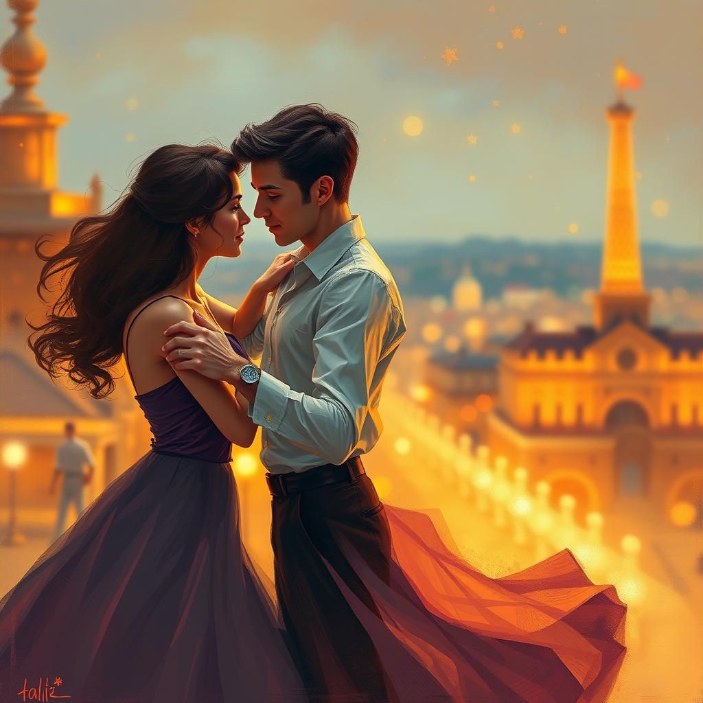 Couple Dancing in Dreamlike Golden Cityscape