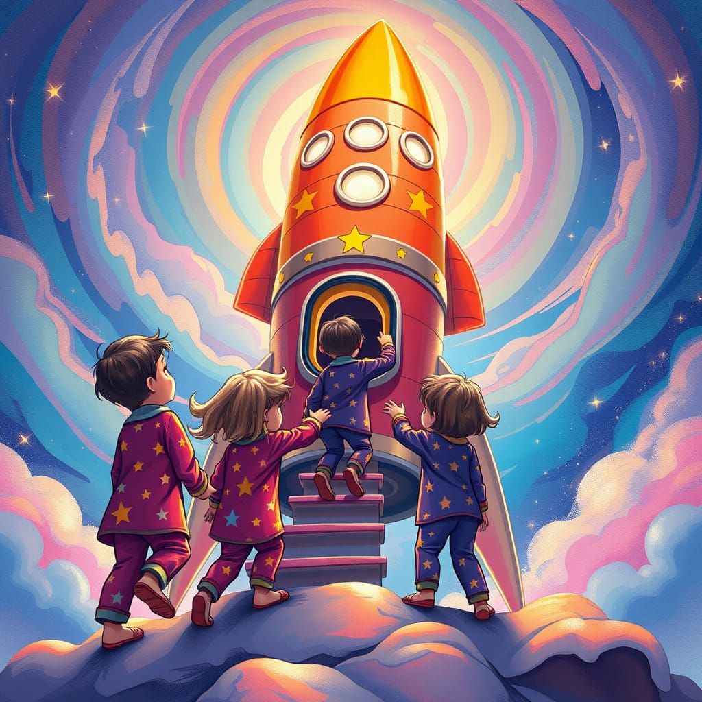 Colorful Children Board Retro-Futuristic Rocketship