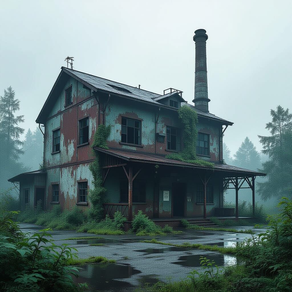 Abandoned Factory Building in Overgrown Landscape