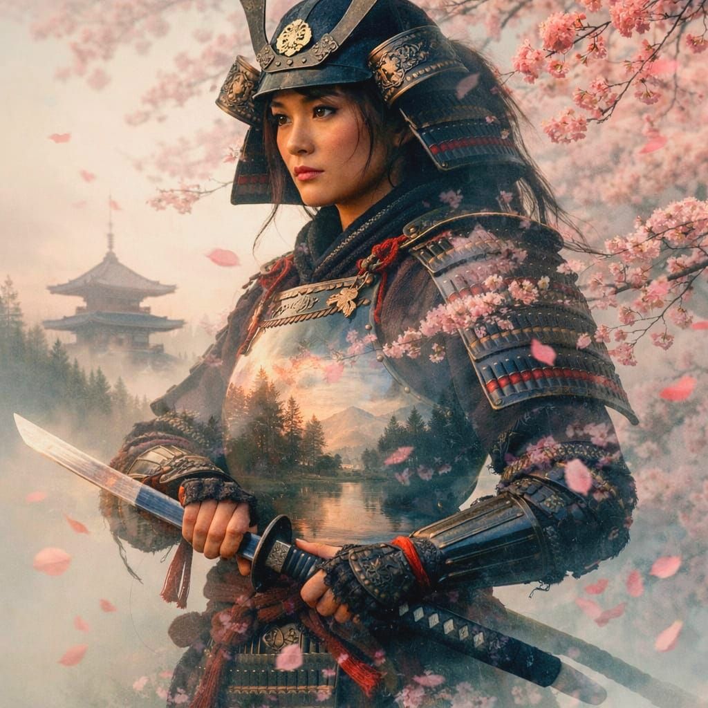 Samurai Warrior and Cherry Blossom Landscape Double Exposure