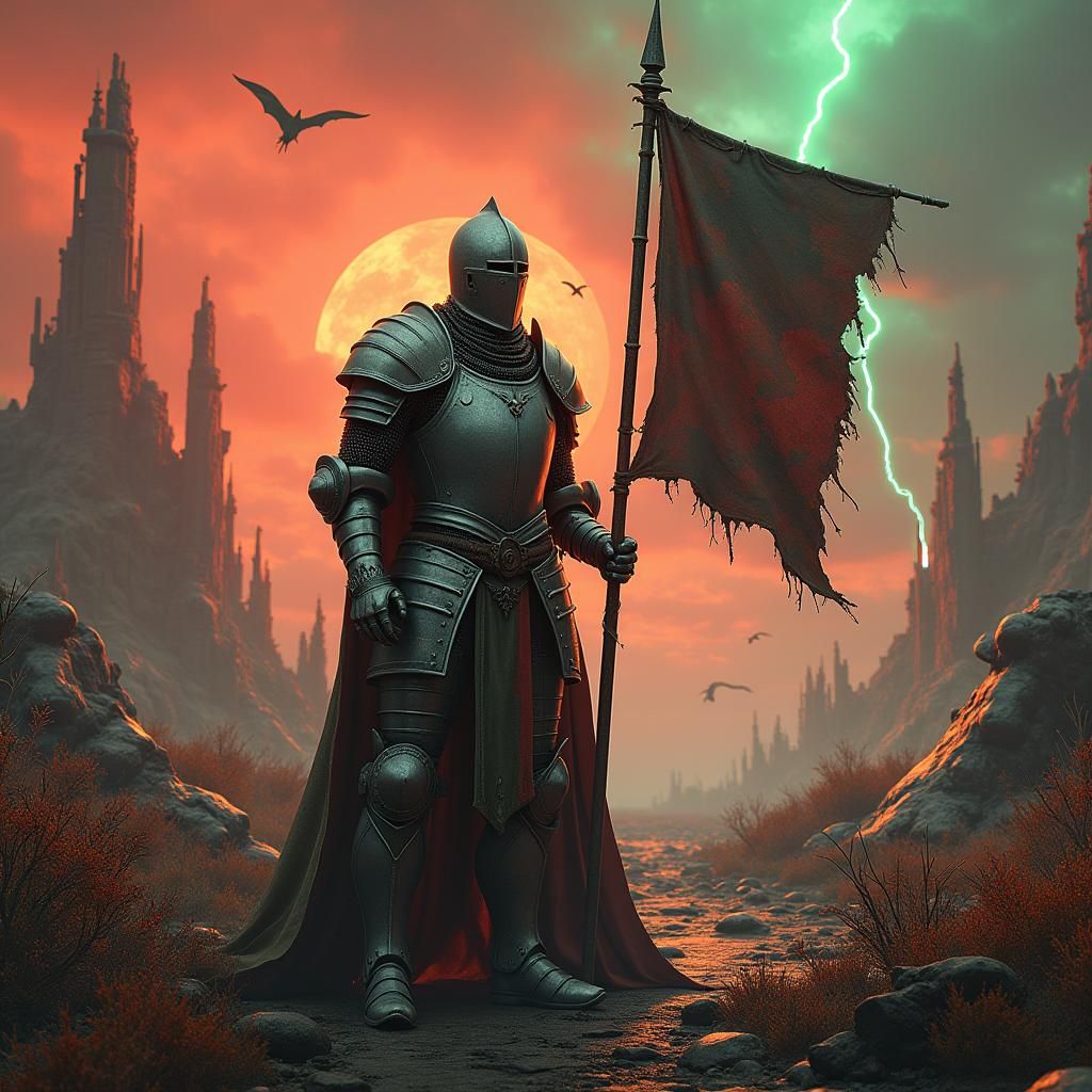 Knight on Alien Battlefield in Fantasy Style