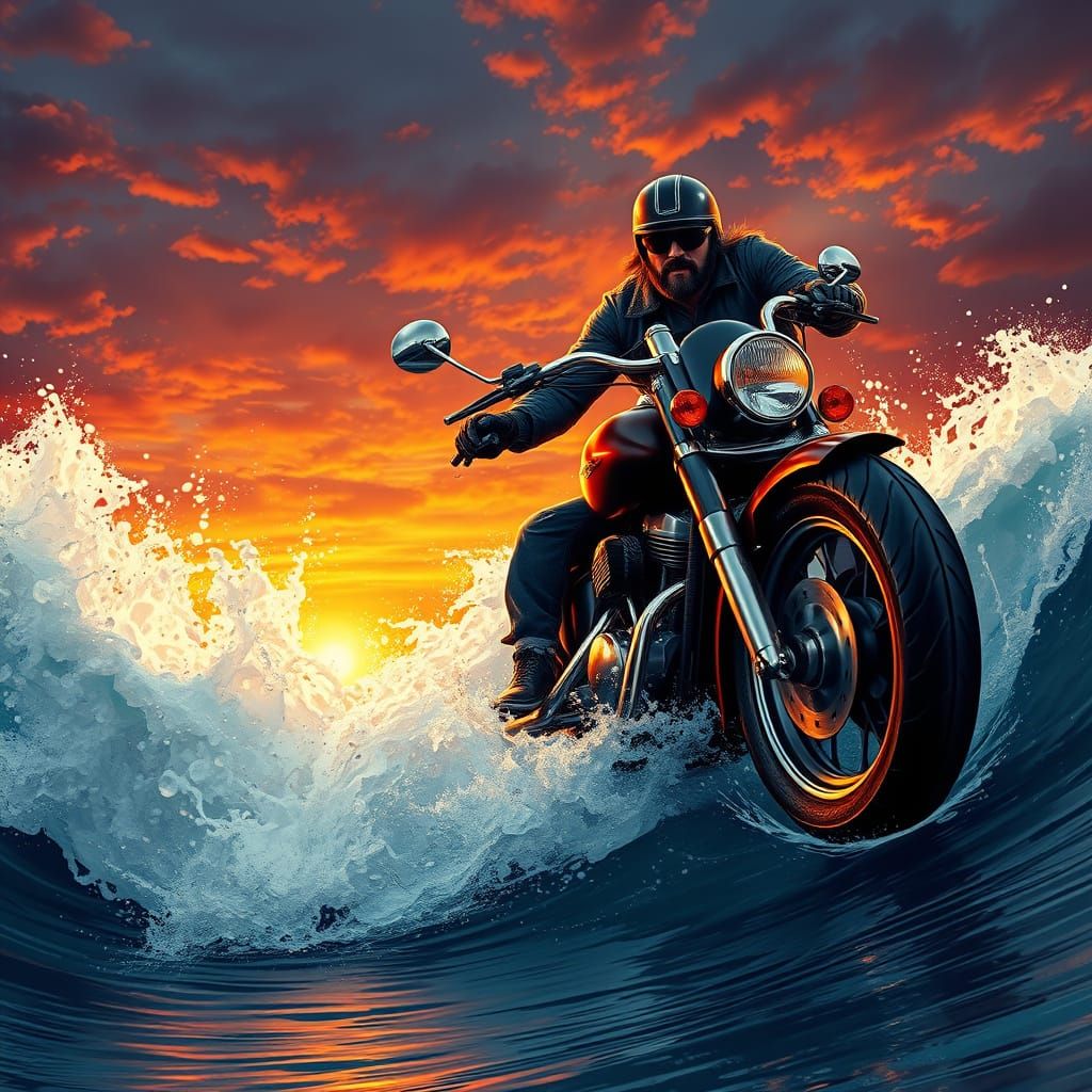 Biker Surging from Ocean Wave at Fiery Sunset