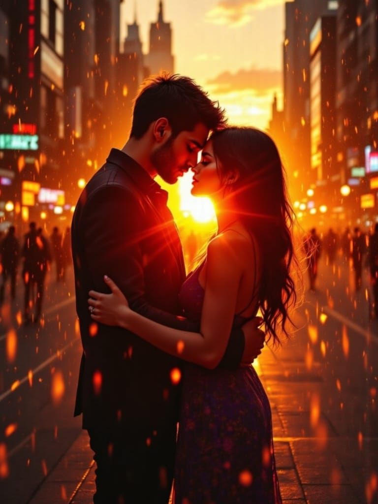 Cyberpunk Couple Embracing in a Golden Hour Sunset