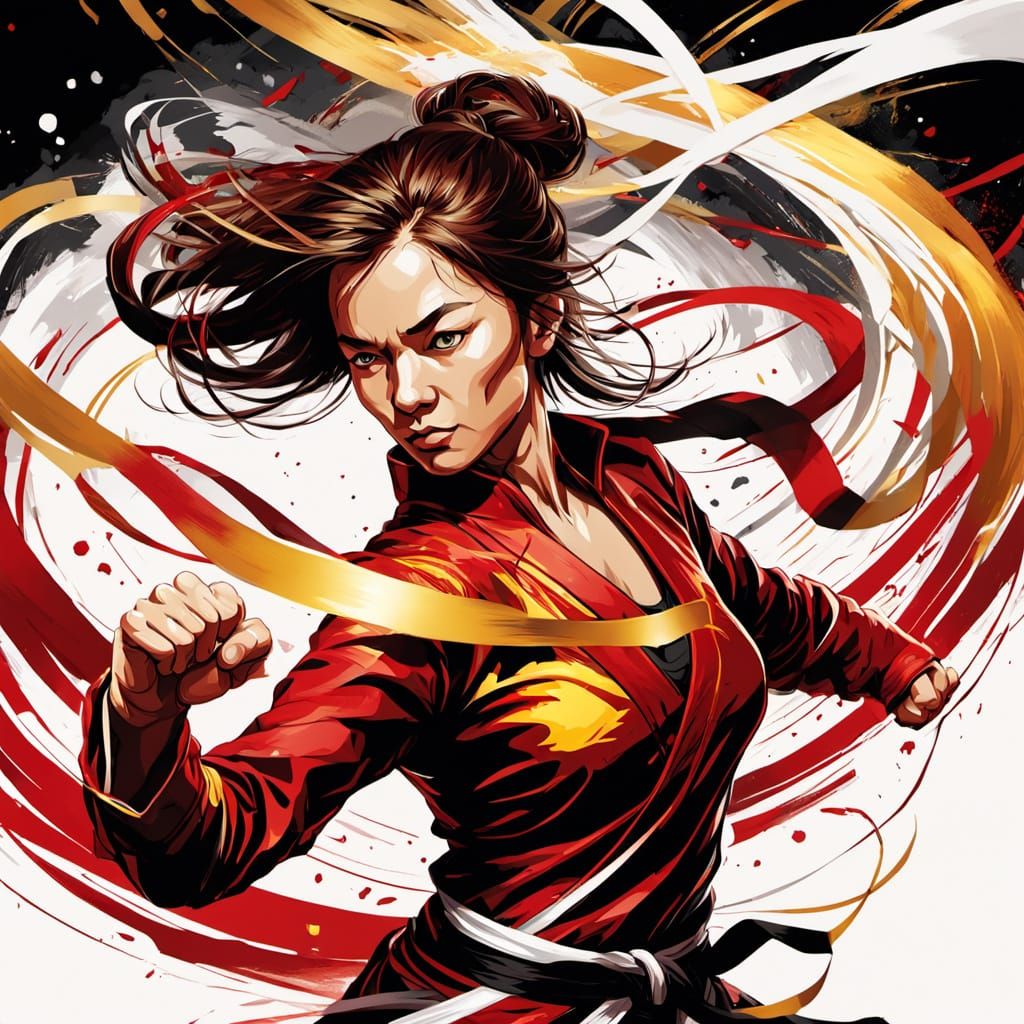 Dynamic Martial Artist in Flowing Ribbons: Digital Art