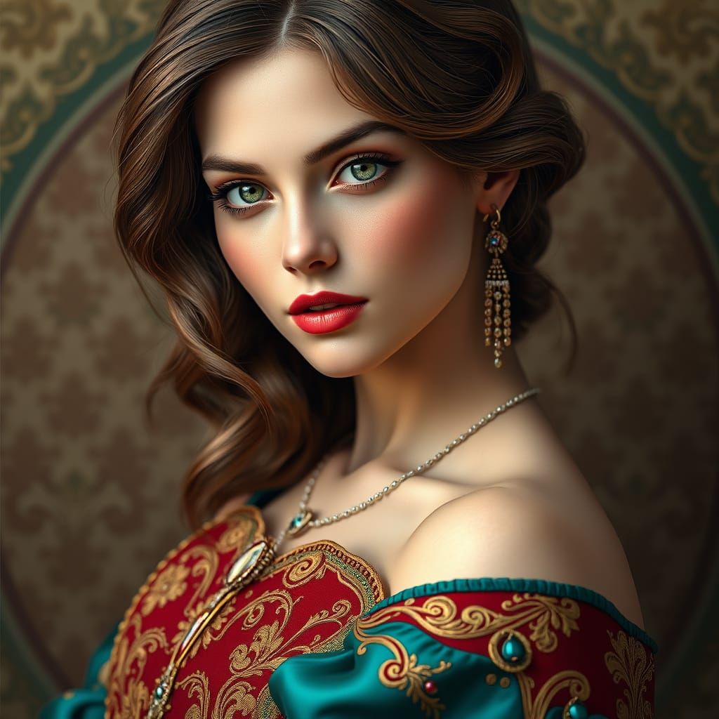 Elegant Woman in Opulent Red Bodice with Golden Embellishmen...