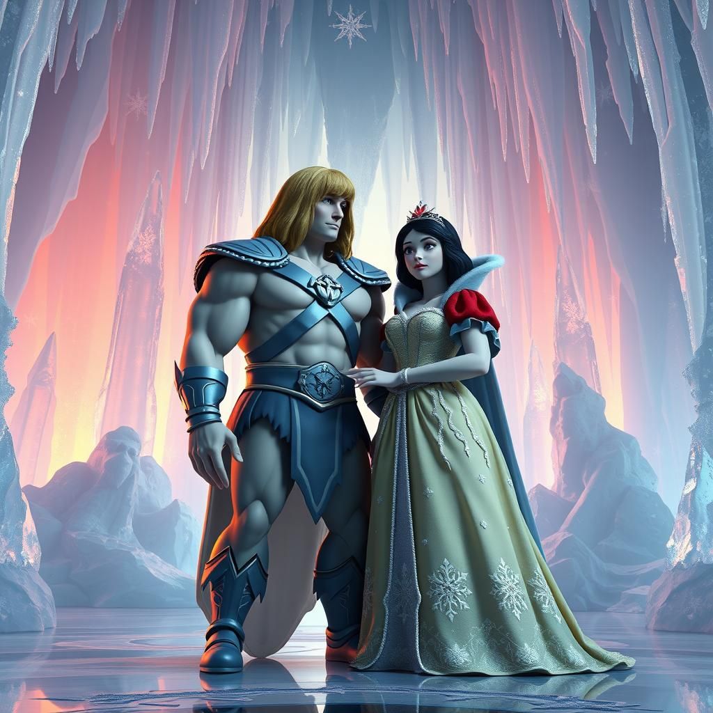 He-Man and Snow White in Ice Palace: 3D Digital Art