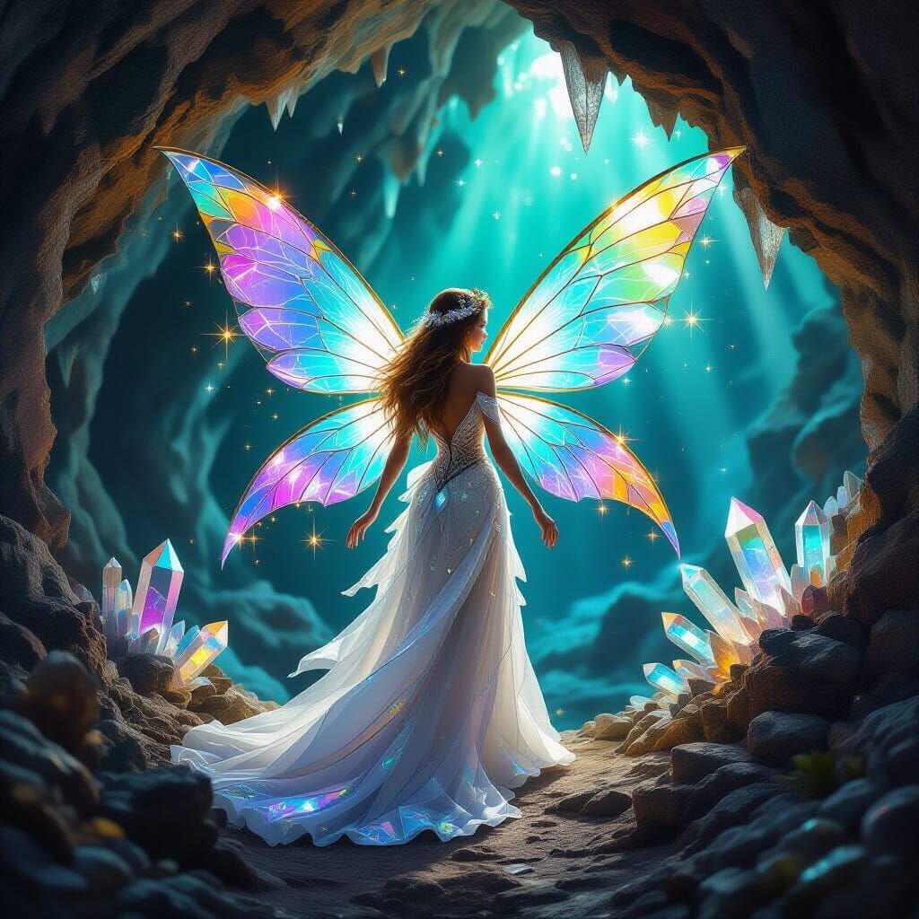 Crystal Fairy in Glowing Cavern, Hyper-Realistic Art
