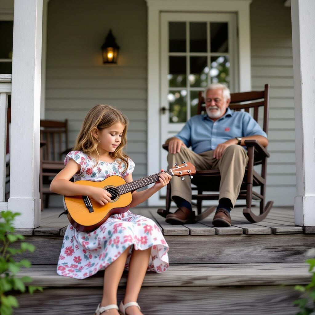 Girl Plays Ukulele on Porch with Grandad