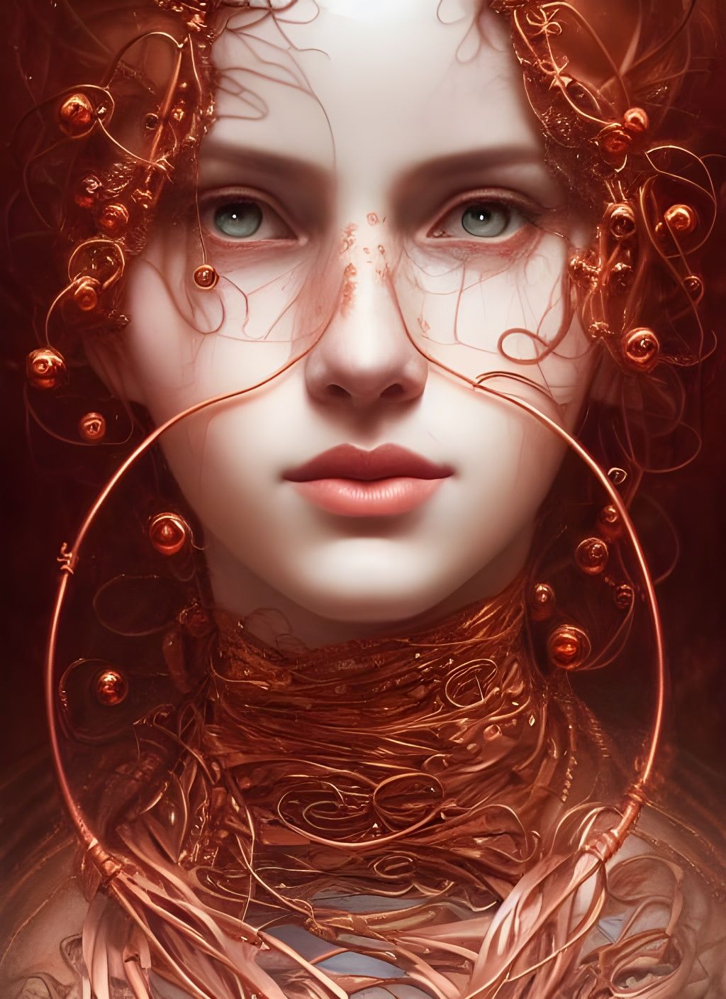 Hyperrealistic Portrait of Copper Wires and Rubies