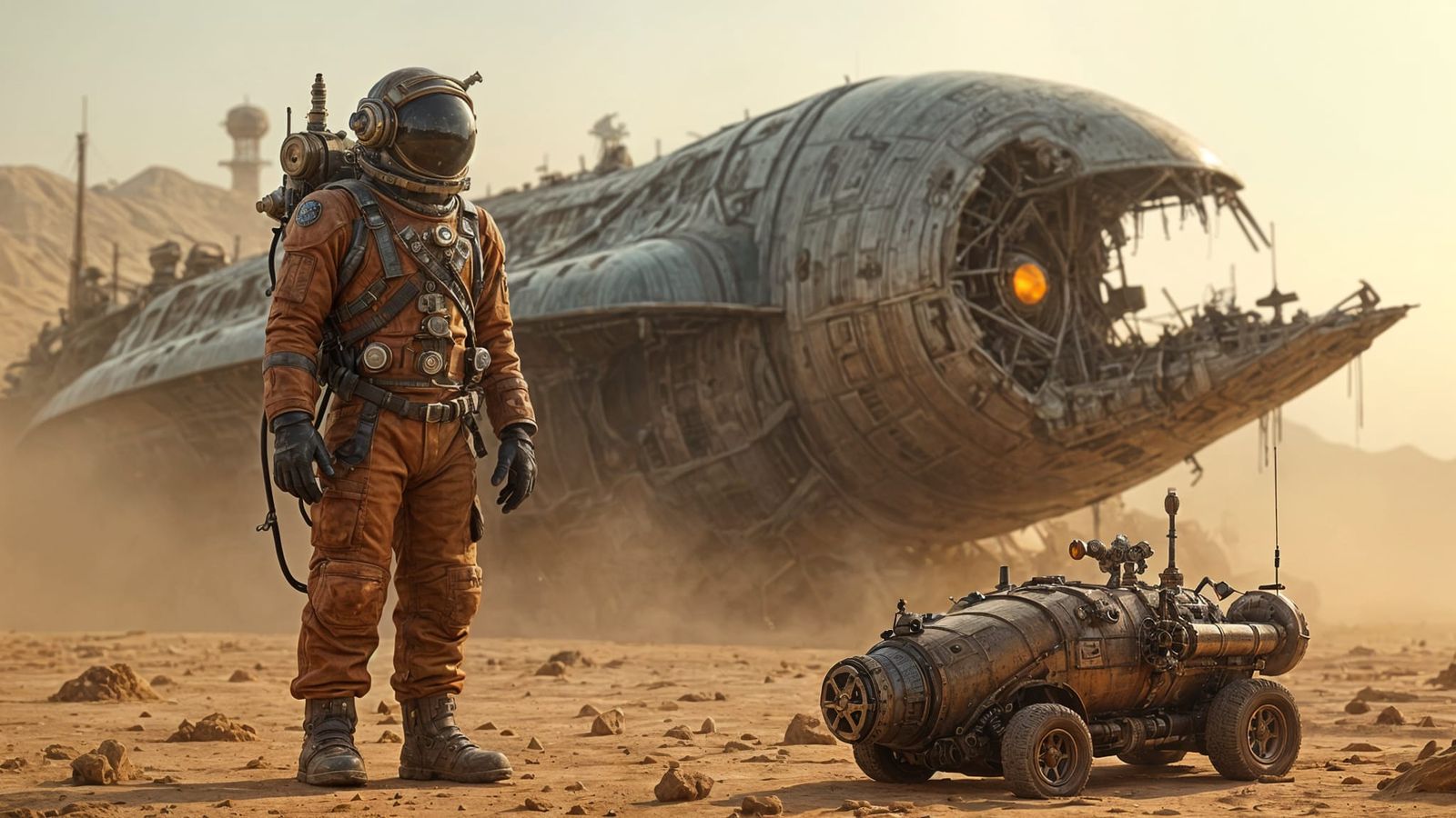 Steampunk Astronaut Stands Beside Ancient Alien Ship