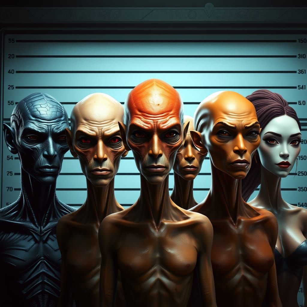 Diverse Alien Lineup in Futuristic Noir, Syd Mead Style