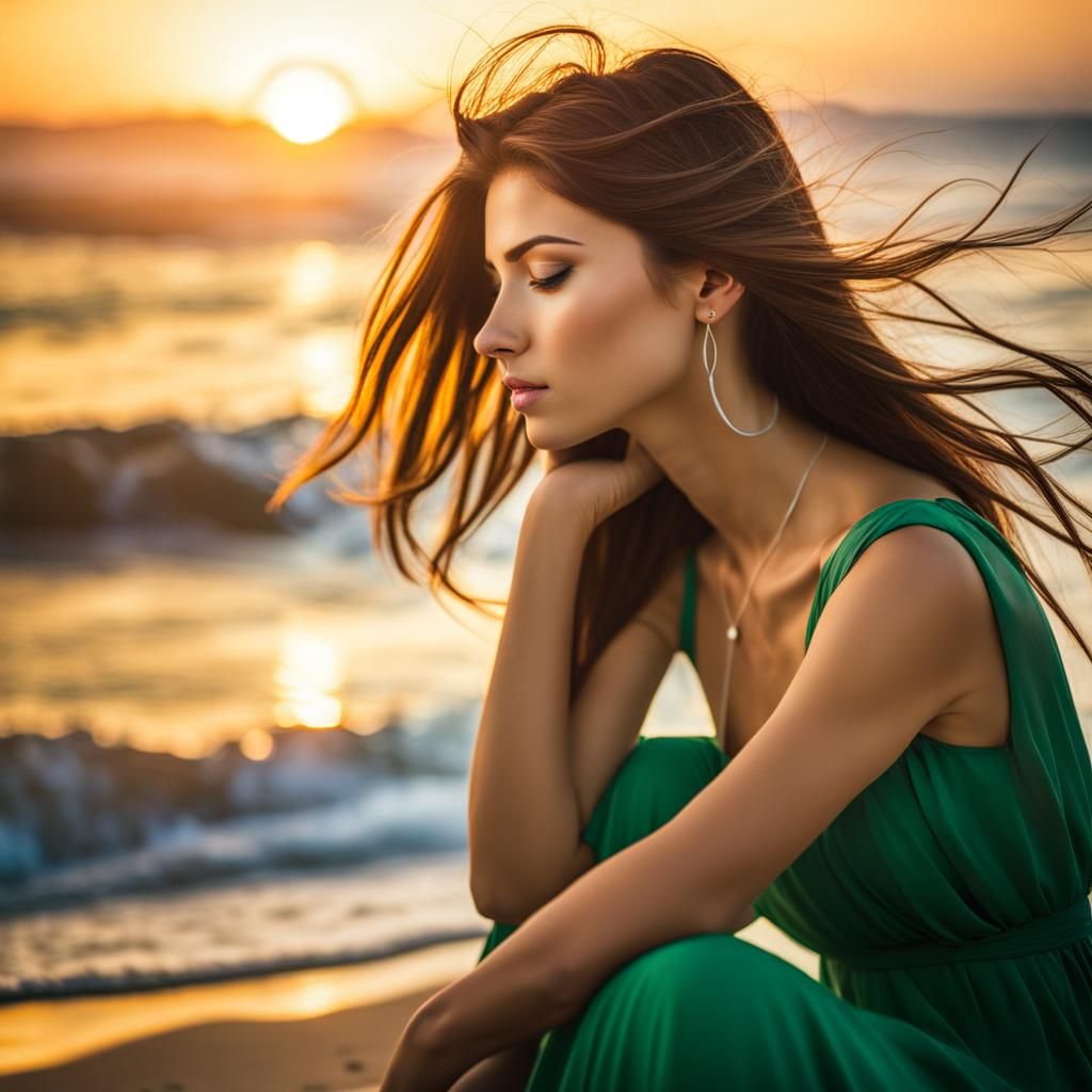 Girl in Green Dress on Beach at Sunset