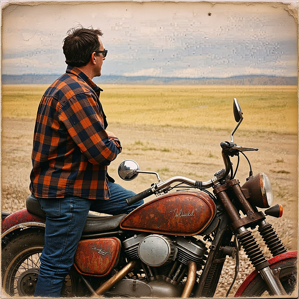 Faded 1970s Photo of Man on Motorcycle