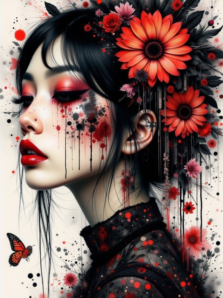 Ethereal Geisha Portrait in Colourful Gothcore Style