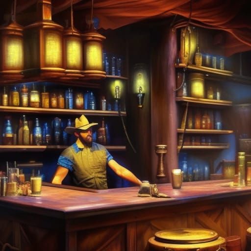 Cowboy at Bar in Detailed Matte Painting Style