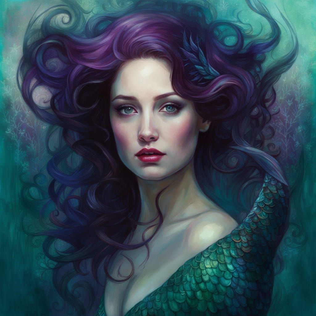 Enchanting Dark Mermaid Goddess Portrait in Hyperrealistic S...