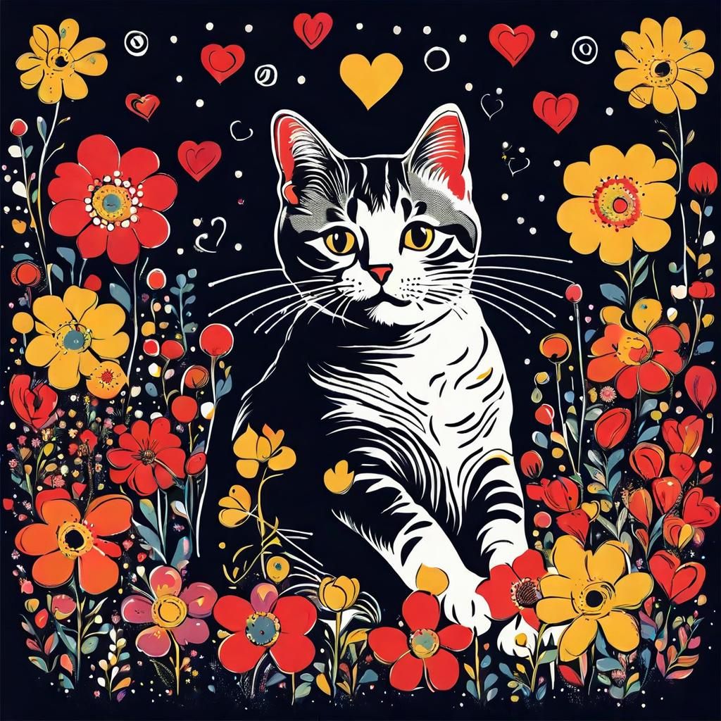 Abstract Cat with Flowers in Pollock Style