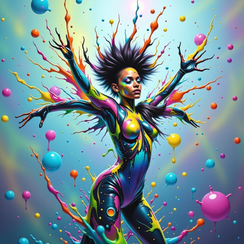 Dynamic Hip Hop Dancer in Bioluminescent Neon Splatter Paint