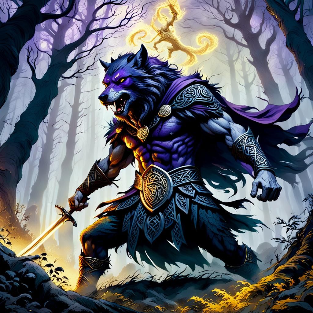 Celtic God Battles Beowolf in Misty Forest