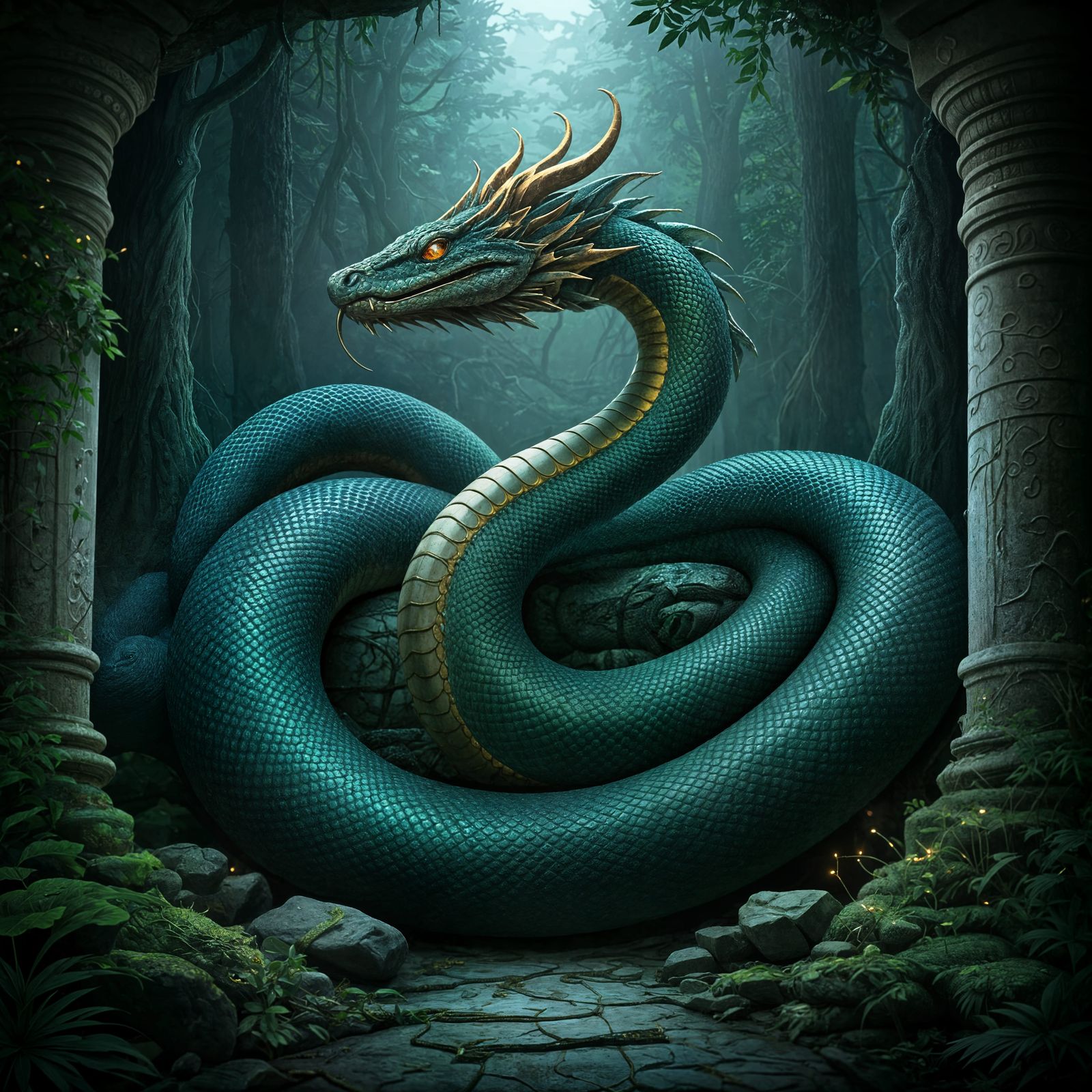 Ancient Serpent Guardian of Mystical Forest Ruins