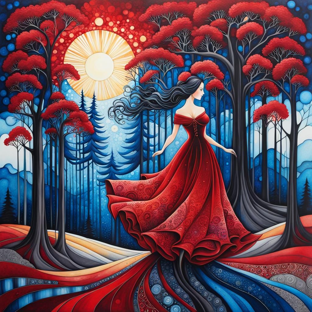 Woman in Red Victorian Dress in Chaotic Forest