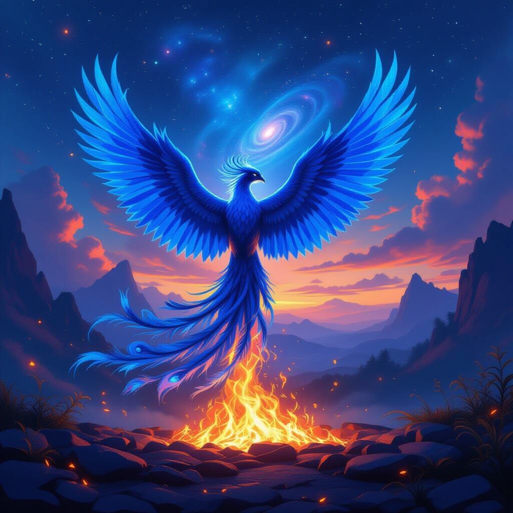 Blue Phoenix Rises From Embers in Cosmic Landscape