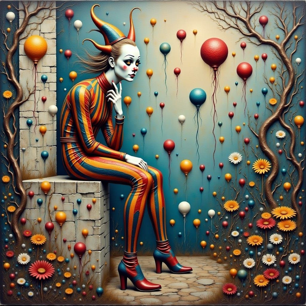 Surreal Clown in Cubist Style Sits on Weathered Stone Wall