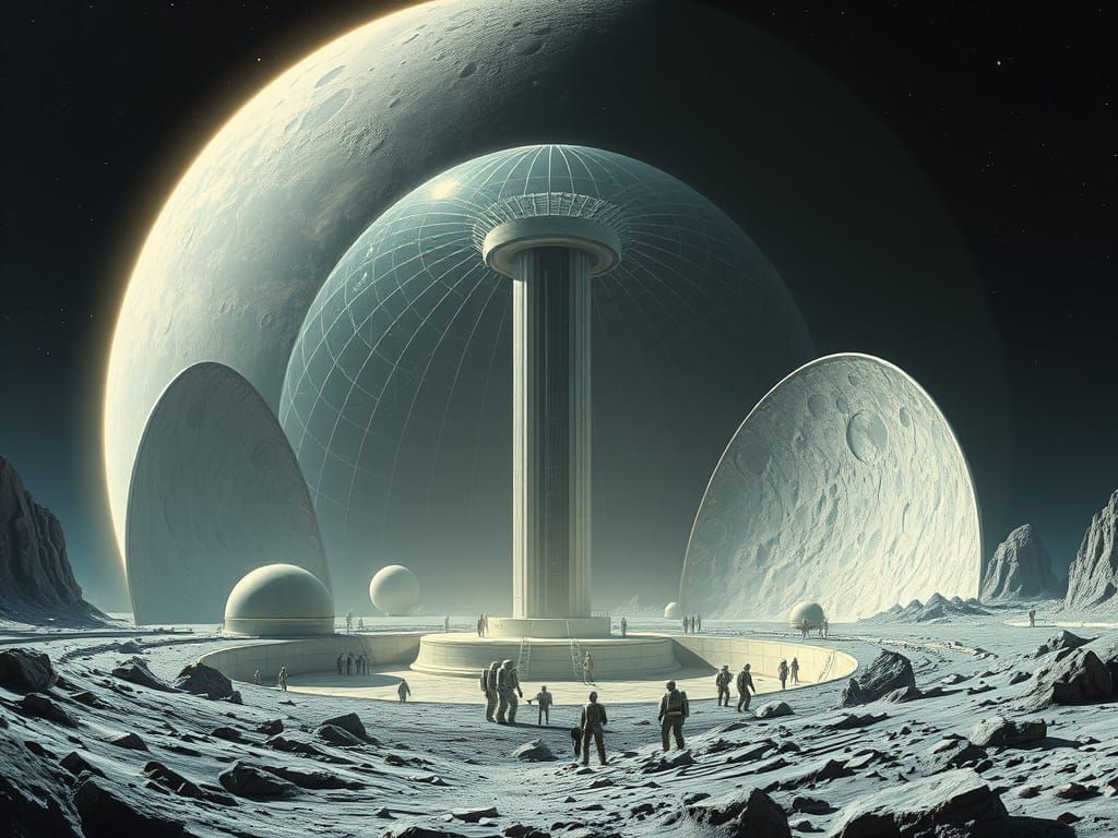 Astronauts in Futuristic Lunar Crater Observatory