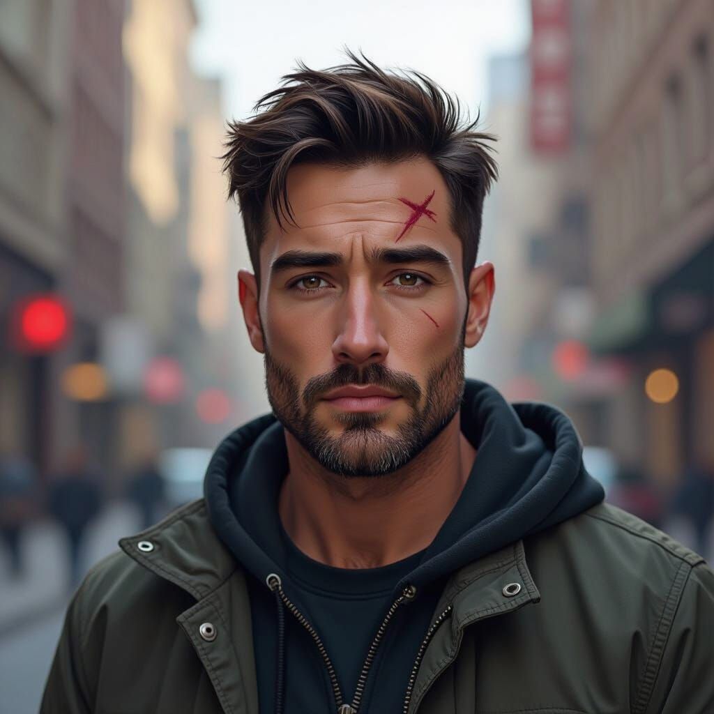 Scarred Man in City Street: Digital Art Style