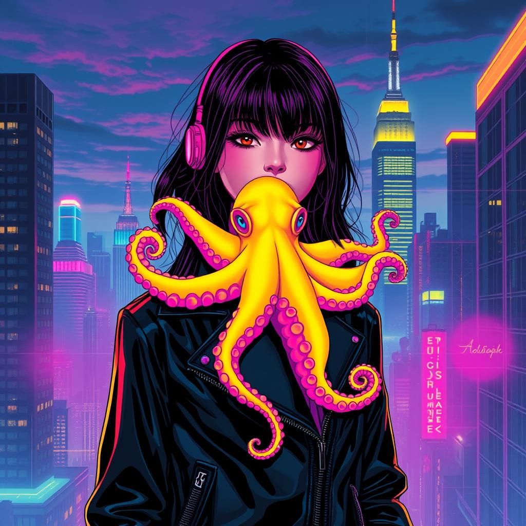 Girl with Octopus in Retro-Futuristic Cityscape