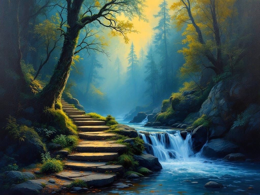 Mystical Forest at Dusk in Oil Painting Style