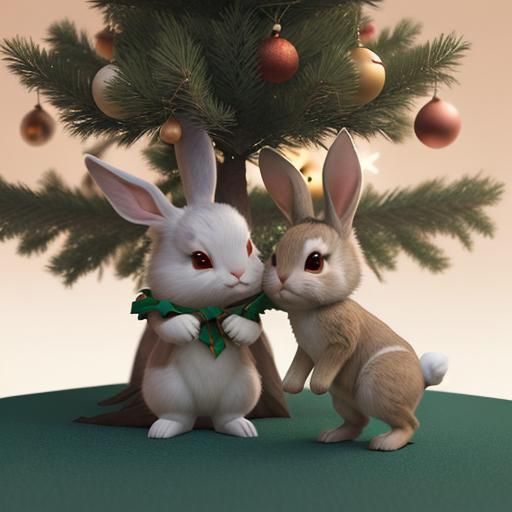 Rabbit and Cub Decorate Christmas Tree as 3D Art