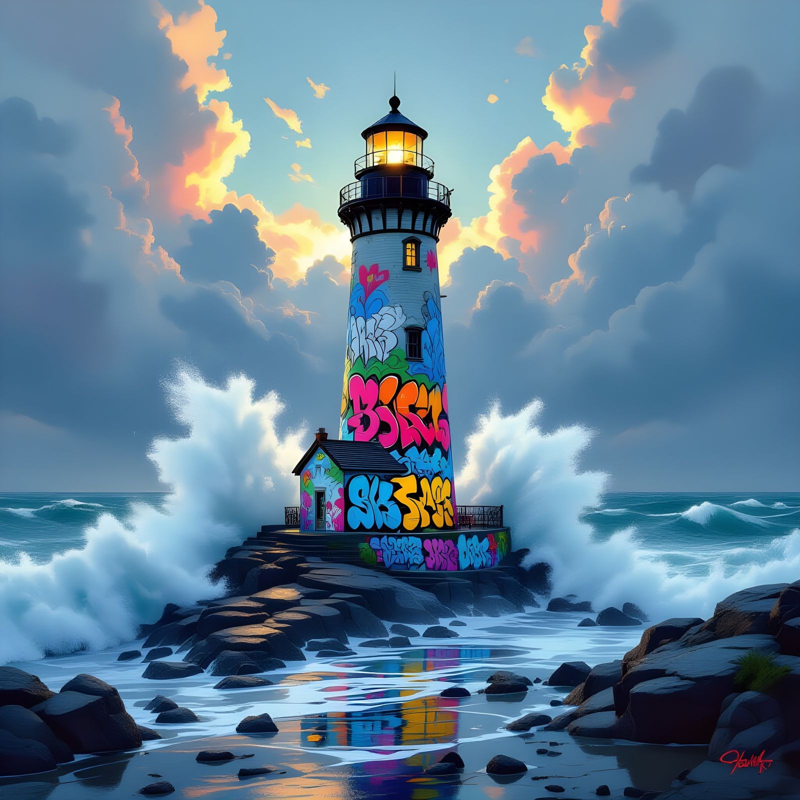 Stormy Coast Lighthouse in Graffiti Art Style