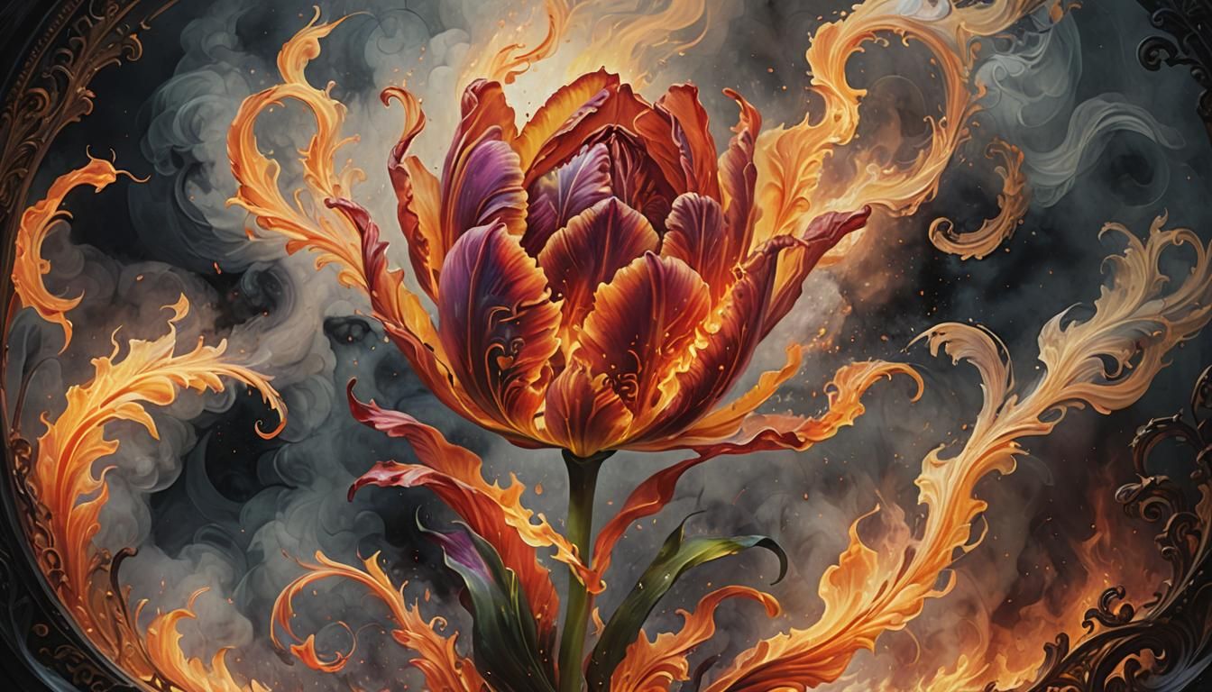 Fantasy Fire Tulip Portrait in Ornate Flame Style