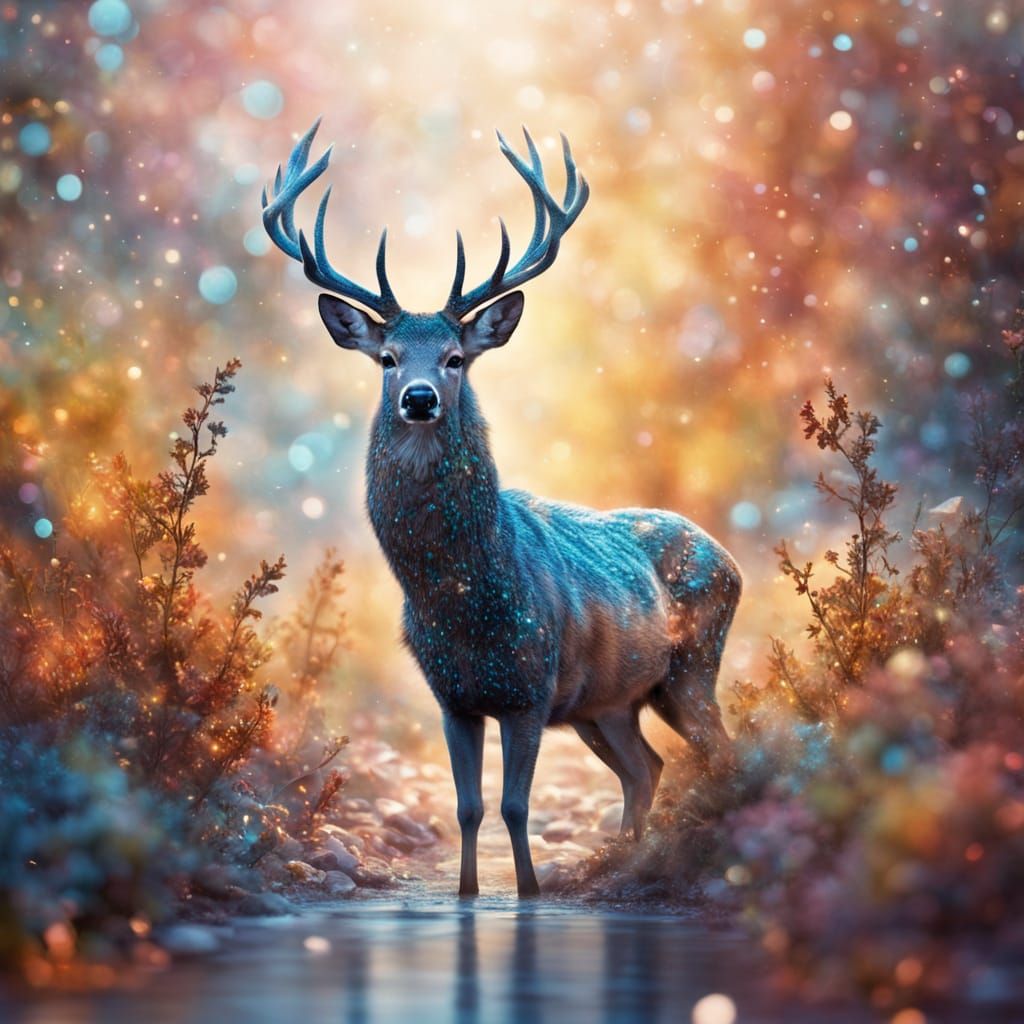 Stardust Deer in Dreamlike Landscape: Gouache Style