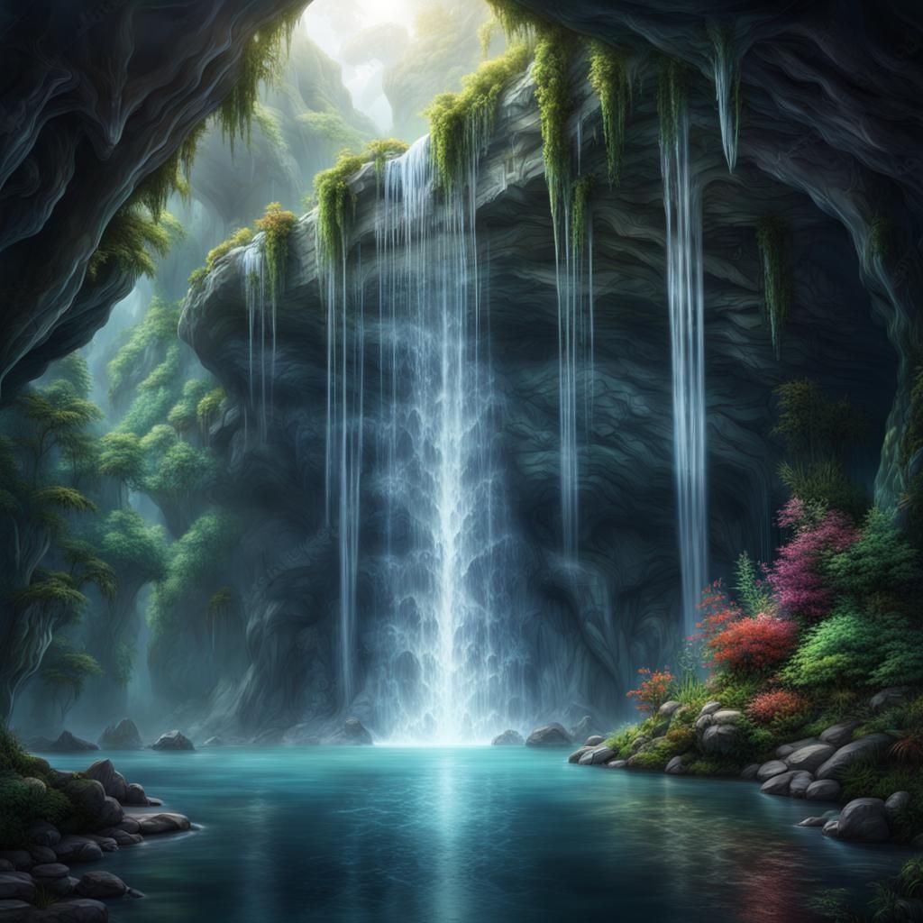 Crystal cave with lucid waterfall flowing translucent by a l...