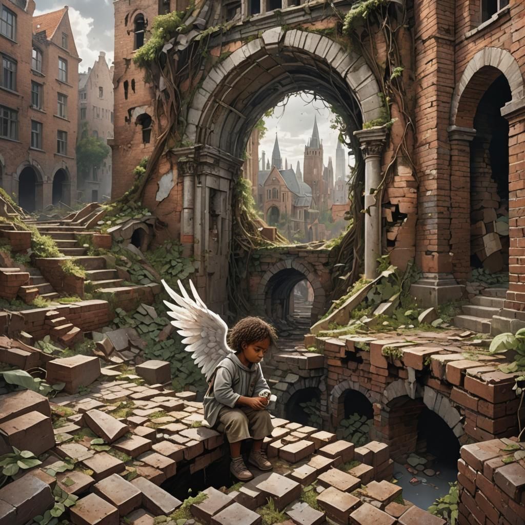 Angelic Child in Dreamlike City Ruins