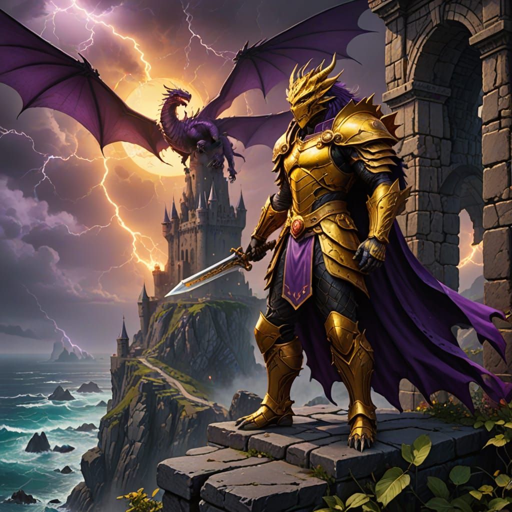 Warrior on Castle Wall Amidst Storm and Dragon Attack