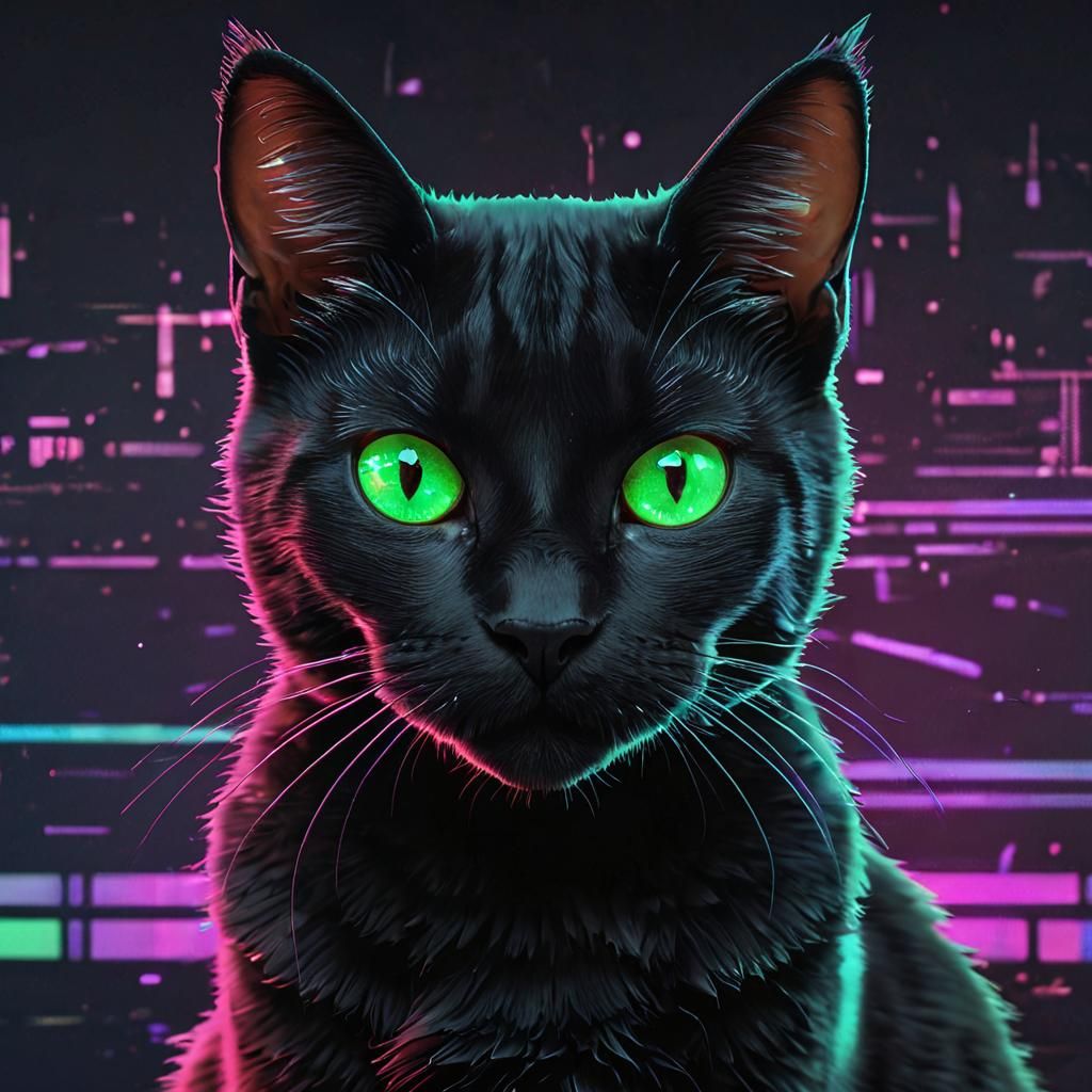 Holographic Vaporwave Glitch adorable black cat green eyes