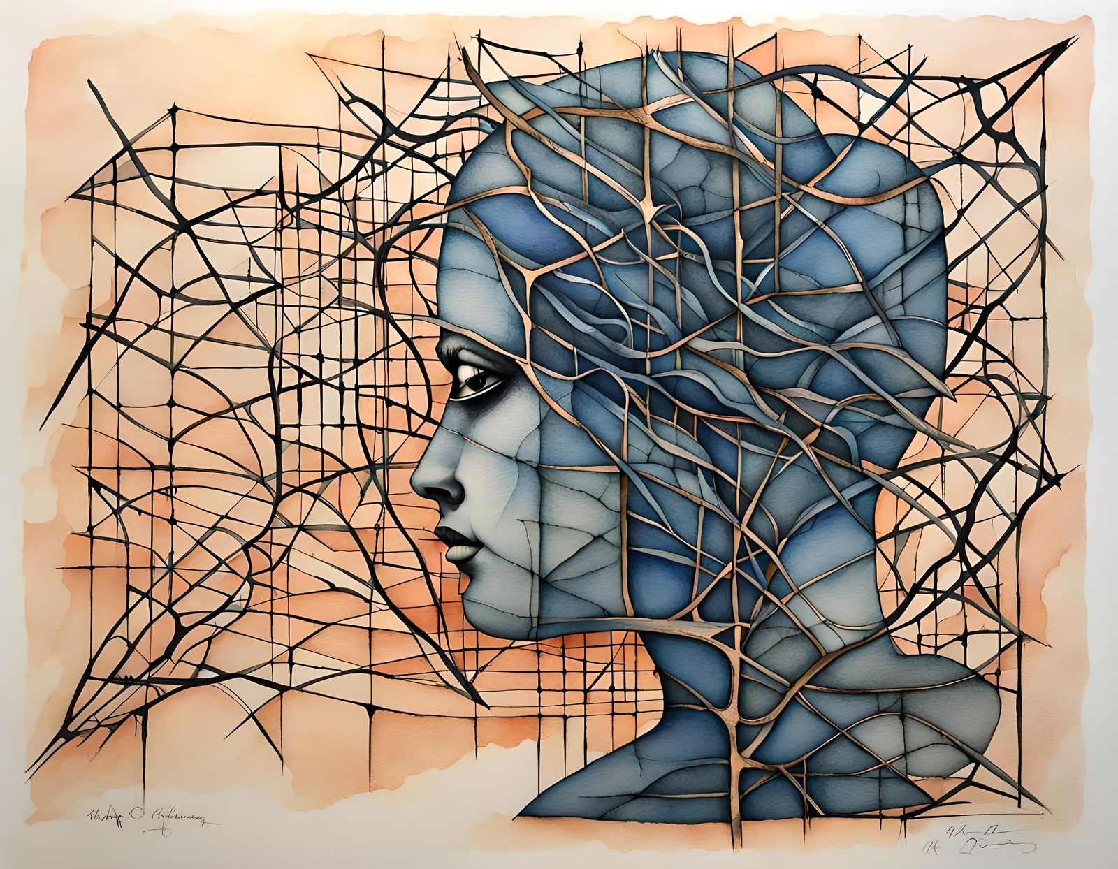 Meshed Figure in Neurographic Ink and Watercolor