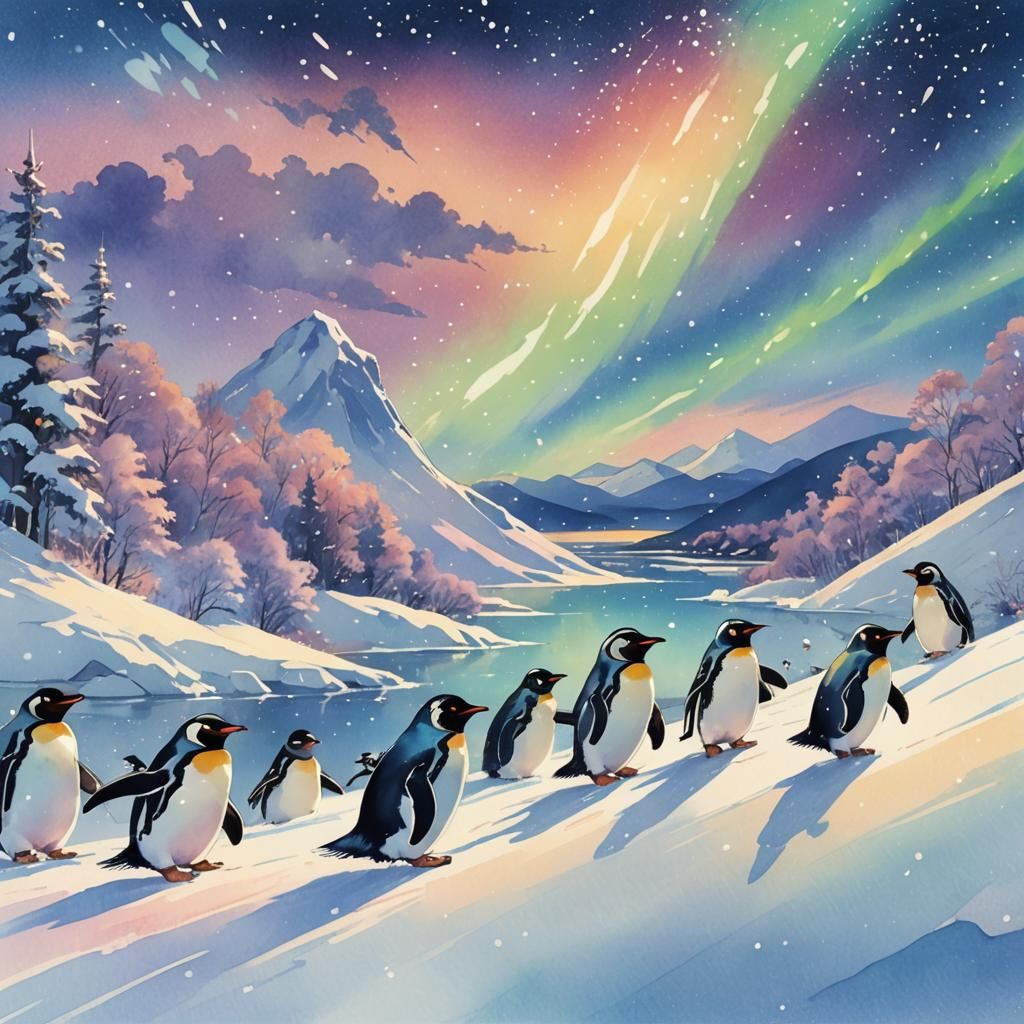 Penguin Family Slides Under Northern Lights, Anime Style